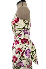 Beautiful 1950s Philip Hulitar Couture Brilliant Floral on Ivory Print Silk Strapless Dress