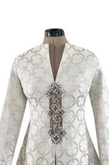 Fabulous 1960s Silver & White Brocade Tunic & Pant Set w Beaded Front Cut Out
