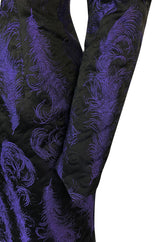 c.1988 Patrick Kelly Purple Brocade One Shoulder Feather Trim Dress