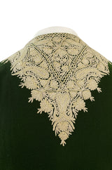 Wonderful 1920s Antique Hand Embroidered Crewel Deep Forest Green Wrap Robe or Coat