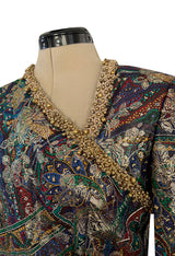 Fall 1990 Oscar de la Renta Metallic Gold Silk Lame Dress w Brass Bell Trim