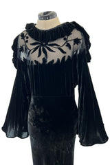 Gorgeous 1930s Bias Cut Silk Velvet Dress w Silk Mesh & Applique Detailing & Incredible Sleeves