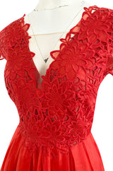Resort 2015 Alberta Ferretti Red Silk Organza & Embroidered Lace Open Cut Work Dress