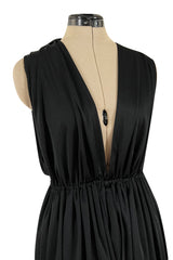 Iconic 1970s Halston Jersey Side & Front Plunging Black Jersey Jumpsuit