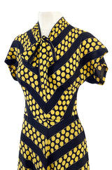 Gorgeous 1940s Yellow Dot & Deep Navy Black Chevron Print Silk Swing Dress