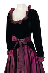 Fall 1980 Yves Saint Laurent Silk Taffeta & Velvet Dress w Asymmetrical Hem