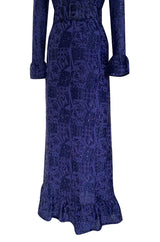 Extraordinary 1971 Givenchy Azure Blue Woven Silk & Metallic Thread Dress w Ruffled Cuffs & Hem