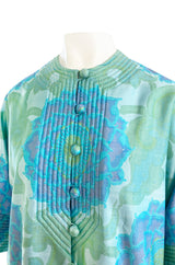 Gorgeous 1970s Pierre Balmain Soft Green and Blue Printed Thai Silk Caftan Dress or Evening Coat