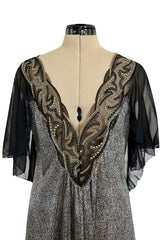 Dramatic 1980s Bob Mackie Chiffon & Gold Dress & Robe Set w Feather Trim