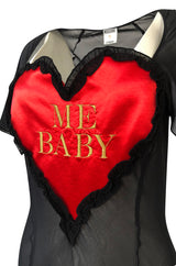 1990s Moschino Love Me Baby Red Heart on Black Net Lingerie Dress