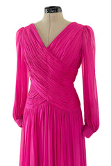 Gorgeous 1980s Richeline 'Valentino' Pink Silk Chiffon Dress w Full Sleeves & Plunge Front