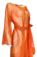Spring 1973 Halston Bright Tangerine Striped Silk Chiffon Caftan w Sash