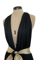 Documented 1981 Bill Tice Plunge Front Black & Gold Backless Nylon Jersey Halter Dress