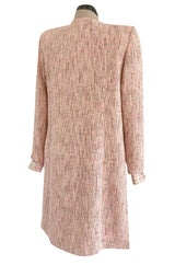 1980s Oscar De La Renta Pink Printed Belted Silk Dress & Boucle Coat w Silk Lining Set