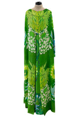 Phenomenal Early 1970s La Mendola Green Silk Jersey Caftan Dress w Silk Chiffon Overlay
