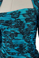 Late 1980s Emanuel Ungaro Teal Blue Printed Silk Mini Dress w Strong Shoulders