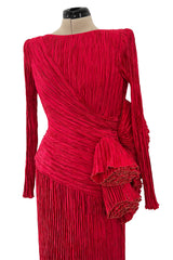 Runway Fall 1988 Mary McFadden Couture Red Pleated Dress w Gold Edged Ruffle Detailing