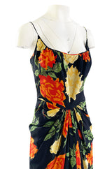 Brilliant 1957 James Galanos Large Floral Print Front Gathered Silk Evening Dress