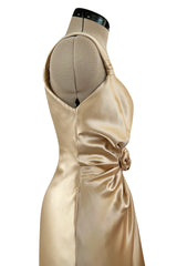 Iconic Fall 1980 John Anthony Couture Plunge Front Gold Silk Charmeuse Halter Dress w Bare Back