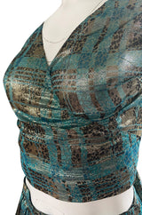 1980s Geoffrey Beene Gold & Turquoise Silk Lame Metallic Skirt & Top Set