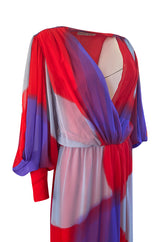 1970s Hanae Mori Full Sleeve Red & Purple Silk Chiffon Maxi Dress