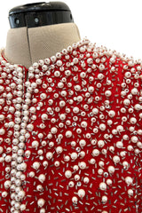 Prettiest 1980s Victoria Royal Faux Pearl & Silver Tube Bead Red Jacket