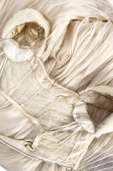 1964 Sarmi Ivory Knife Pleated Silk Chiffon Dress w Cream Mink Bodice & Silk Ribbon Detail