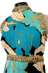 Gorgeous 1960s Unlabeled Tropical Blues Floral Print Jumpsuit w Gold Coin & Cord Detailing