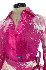 Gorgeous 1970s Hanae Mori Pink Scenic Print Wrap Skirt & Button Down Top Set