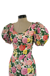 Well Documented Spring 1992 Yves Saint Laurent Ad Campaign Pouf Sleeve Silk Pink Floral Dress