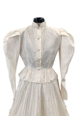 Gorgoeus Early 1980s Vicky Tiel Ivory Silk Pouf Shoulder Button Top & Pleated Skirt Set