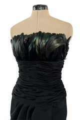 1980s Victor Costa Strapless Jersey Dress w Iridescent Feather Bodice Detail