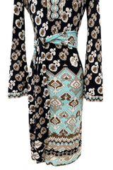 Fantastic 1970s Leonard Turquoise & Tan Fashion Silk Jersey Dress w Matching Tie Belt