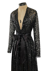 Fall 1974 Bill Blass Glossy Black Sequin & Silk Chiffon Dress w Feather Hem