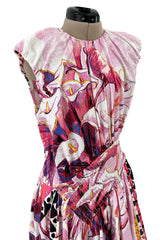 Prettiest Recent Prada Pink Flowerpot Postcard Print Cotton Dress w Asymetrical Hemline