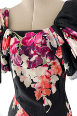 Stunning 1930s Unlabeled Black Silk Crepe Dress w Brilliant Pink & Coral Floral Print