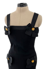Incredible 1990s Gemma Kahng Black Backless Mini Dress w Bow & Gold Button Detailing