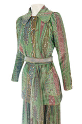 Rare 1973 Bill Gibb Museum Documented Metallic Green Lurex Skirt Top and Jacket Set