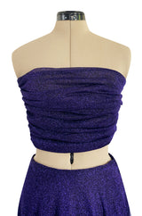 Rare 1978 Halston Couture Metallic Purple Lurex Cropped Bandeau Top & Skirt Set