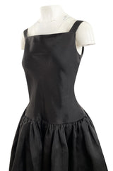 1980s Oscar De La Renta Black Silk Taffeta Dropped Waist Full Skirt Dress w Button Back