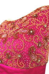 1960s Malcolm Starr Vibrant Pink Silk Satin Dress w Beaded Bodice