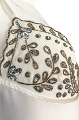 1990s Valentino Trained Backless Ivory Silk Dress w Sequin & Bead Detail