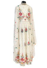 Exceptional 1960s Hand Sequinned Indian Silk Gauze Dress w Matching Veil or Shaw