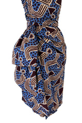 Resort 1983 Yves Saint Laurent Blue Printed Cotton Hip Swag Sarong Dress