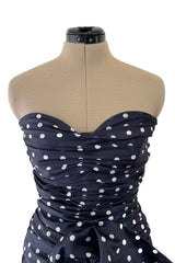 1980s Loris Azzaro Deep Blue Silk Strapless Dress w White Dots & Unusual Skirt