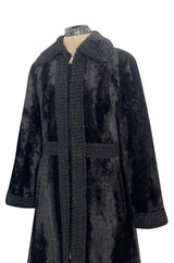 Fabulous 1960s Zip Front Flat Pile Faux Fur Black Coat w Wide Braided Edging Details