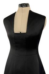 Minimalist 1960s Pauline Trigere Black Silk Satin Dress w Squared Off Neckline