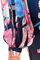 Incredible 1970s Hanae Mori Finest Possible Blue Silk Caftan Dress w Pink Floral Print