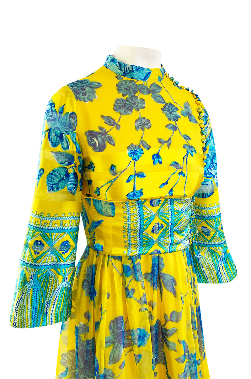 1972 Oscar de la Renta Vogue Documeted Yellow & Blue Silk Kimono Inspired Dress