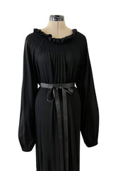 Gorgeous 1970s Givenchy Black Silk Crepe Jersey Dress w Gathered Neckline & Pouf Sleeves